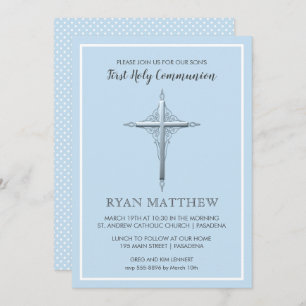 Silver Cross on Pale Blue Communion Invitations