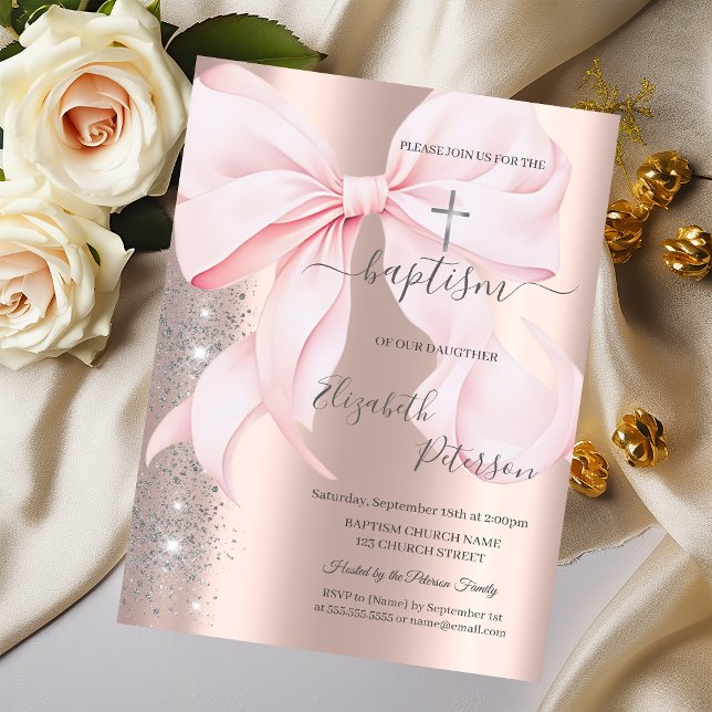 Silver Cross Pink Bow Rose Gold Glitter Dust  Invitation (Creator Uploaded)