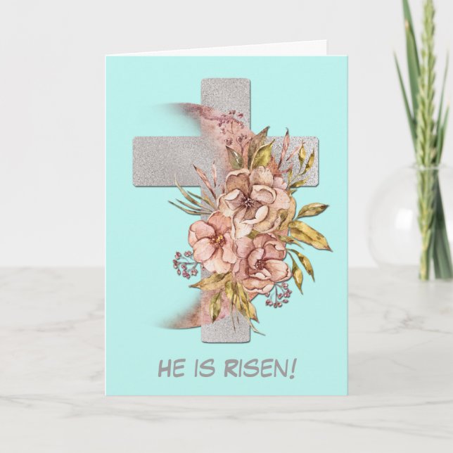 Silver Cross Pink Flowers Easter Holiday Card (Front)