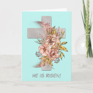 Silver Cross Pink Flowers Easter Holiday Card
