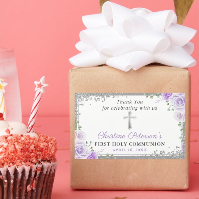 Silver Cross Purple Floral First Holy Communion Sticker (Party)