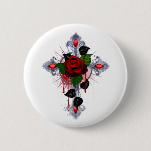 Silver Cross with a Red Rose 2 Inch Round Button