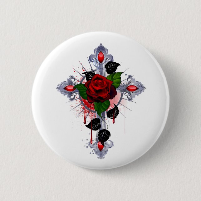 Silver Cross with a Red Rose 2 Inch Round Button (Front)
