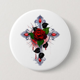 Silver Cross with a Red Rose 3 Inch Round Button