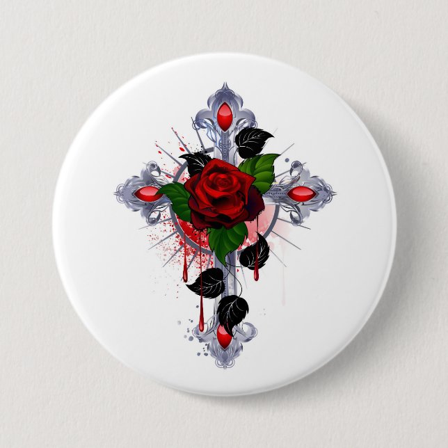 Silver Cross with a Red Rose 3 Inch Round Button (Front)