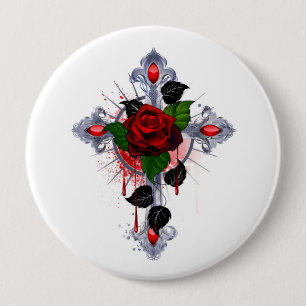 Silver Cross with a Red Rose 4 Inch Round Button