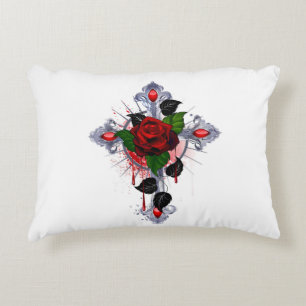 Silver Cross with a Red Rose Accent Pillow