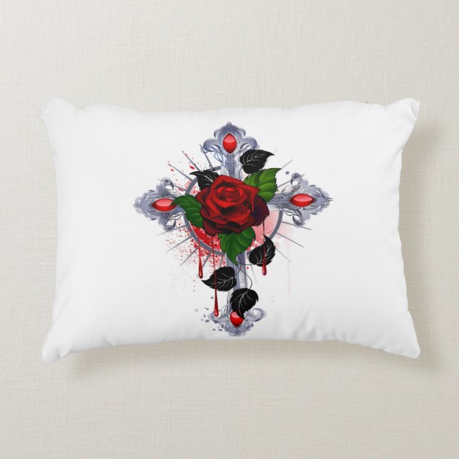 Silver Cross with a Red Rose Accent Pillow (Front)