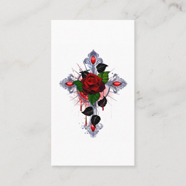 Silver Cross with a Red Rose Business Card (Front)