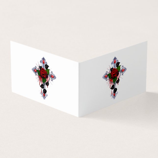 Silver Cross with a Red Rose Business Card (Outside)