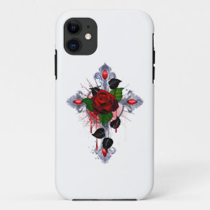 Silver Cross with a Red Rose iPhone 11 Case