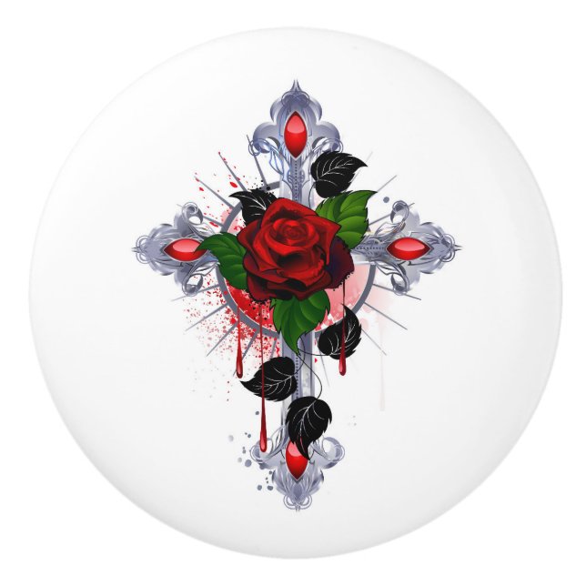 Silver Cross with a Red Rose Ceramic Knob (Front)