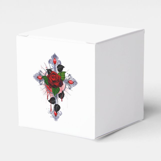 Silver Cross with a Red Rose Favor Box (Front Side)