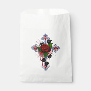 Silver Cross with a Red Rose Favour Bag