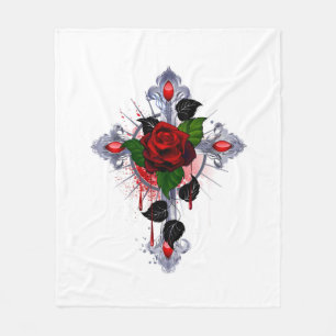 Silver Cross with a Red Rose Fleece Blanket