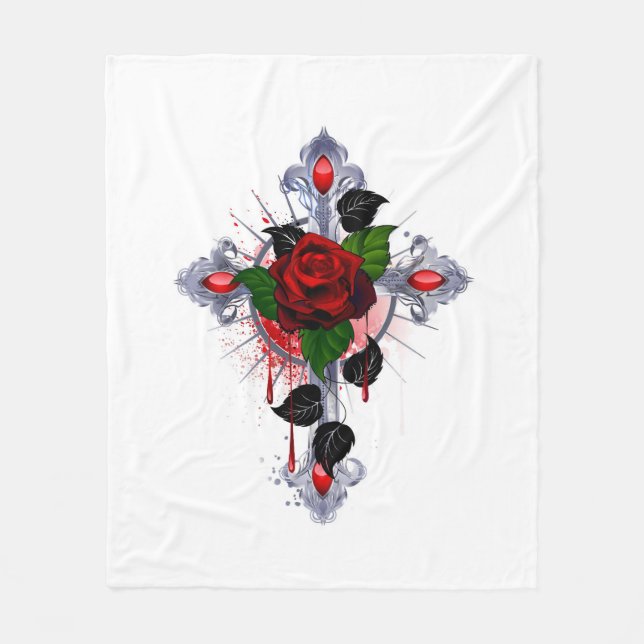 Silver Cross with a Red Rose Fleece Blanket (Front)