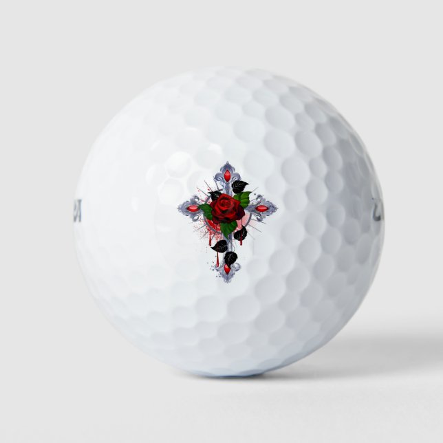 Silver Cross with a Red Rose Golf Balls (Front)