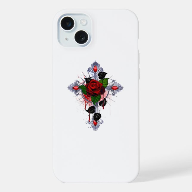 Silver Cross with a Red Rose iPhone Case (Back)
