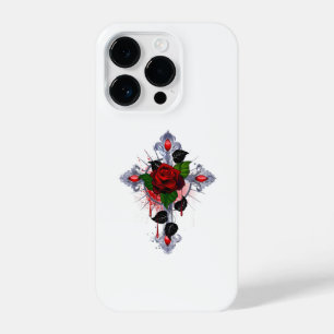 Silver Cross with a Red Rose iPhone 14 Pro Case