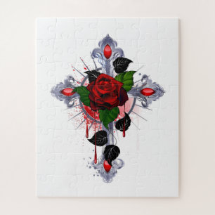 Silver Cross with a Red Rose Jigsaw Puzzle
