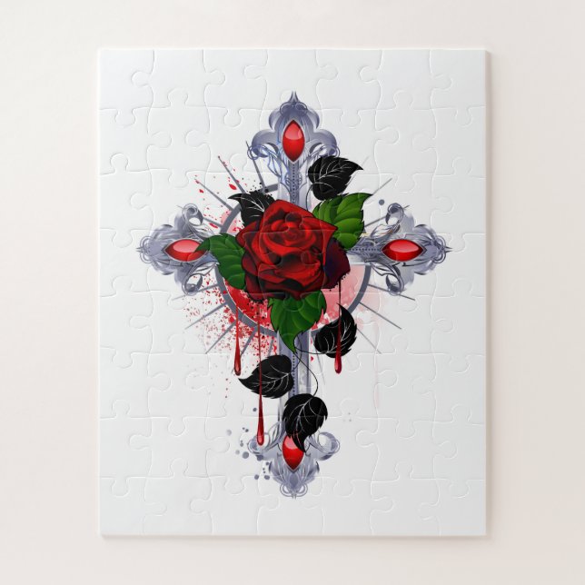 Silver Cross with a Red Rose Jigsaw Puzzle (Vertical)