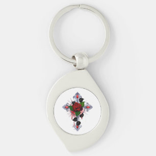 Silver Cross with a Red Rose Keychain