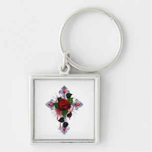 Silver Cross with a Red Rose Keychain