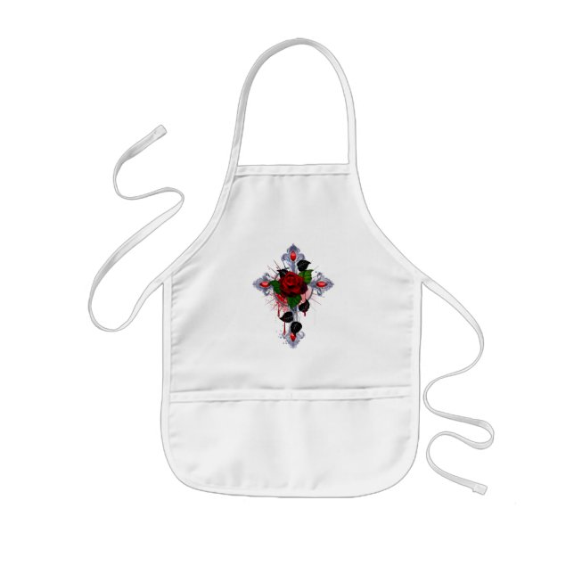 Silver Cross with a Red Rose Kids Apron (Front)
