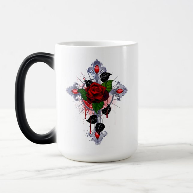 Silver Cross with a Red Rose Magic Mug (Left)