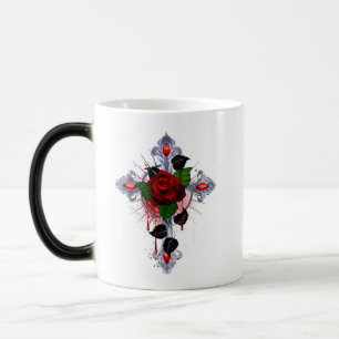 Silver Cross with a Red Rose Magic Mug