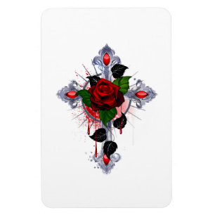 Silver Cross with a Red Rose Magnet