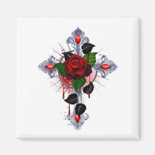 Silver Cross with a Red Rose Magnet (Front)