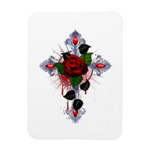 Silver Cross with a Red Rose Magnet