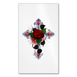 Silver Cross with a Red Rose Magnetic Business Card