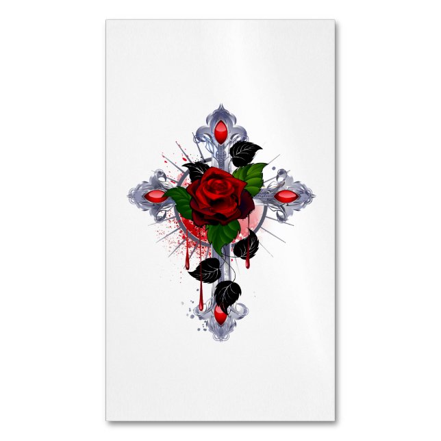 Silver Cross with a Red Rose Magnetic Business Card (Front Vertical)