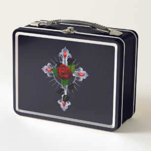 Silver Cross with a Red Rose Metal Lunch Box