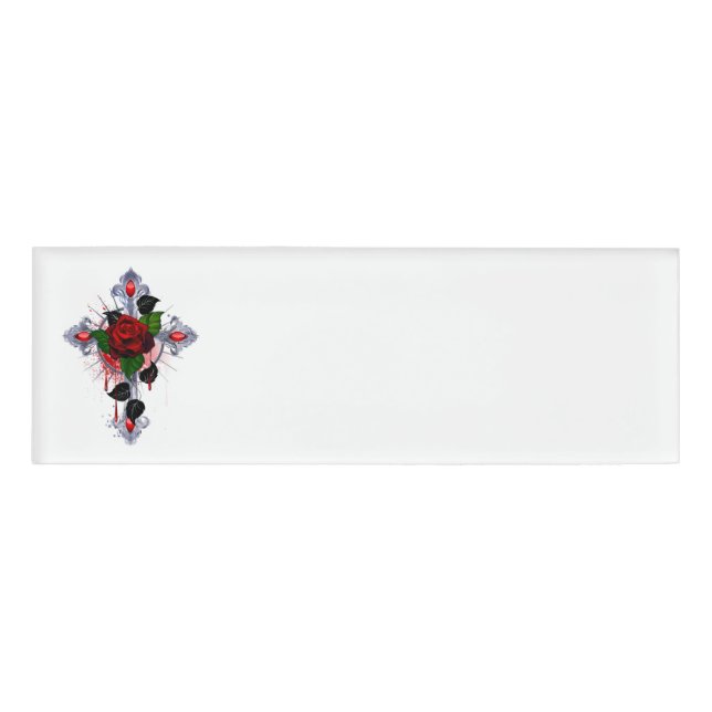 Silver Cross with a Red Rose Name Tag (Front)