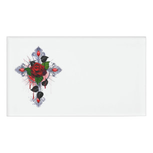 Silver Cross with a Red Rose Name Tag