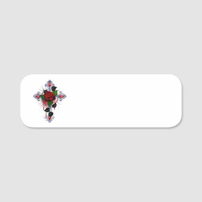 Silver Cross with a Red Rose Name Tag (Front)