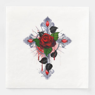 Silver Cross with a Red Rose Napkin