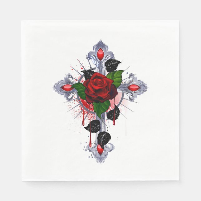 Silver Cross with a Red Rose Napkin (Front)