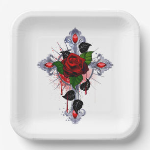 Silver Cross with a Red Rose Paper Plate