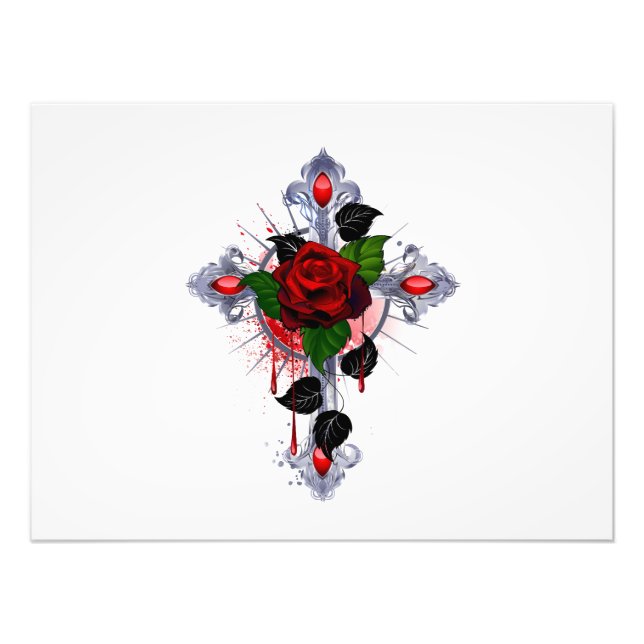 Silver Cross with a Red Rose Photo Print (Front)