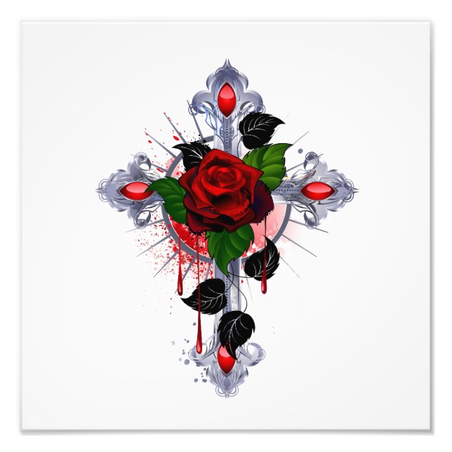Silver Cross with a Red Rose Photo Print (Front)