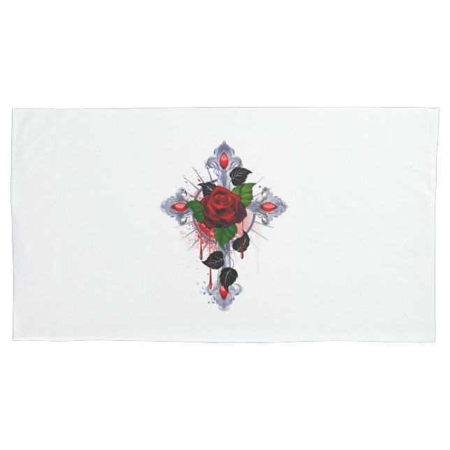 Silver Cross with a Red Rose Pillowcase (Front-Left)