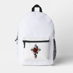 Silver Cross with a Red Rose Printed Backpack
