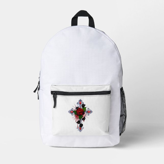 Silver Cross with a Red Rose Printed Backpack (Front)