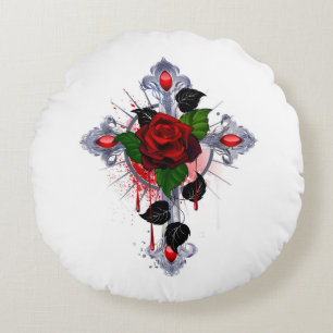 Silver Cross with a Red Rose Round Pillow