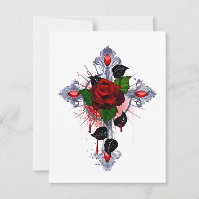 Silver Cross with a Red Rose RSVP Card (Front)