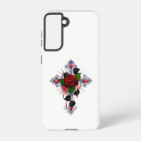 Silver Cross with a Red Rose